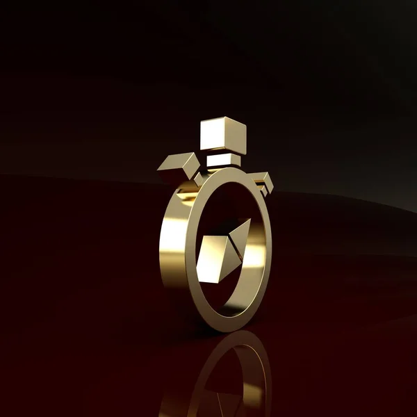 Χρυσό εικονίδιο πυξίδα απομονώνεται σε καφέ φόντο. Σύμβολο πλοήγησης Γουίντροουζ. Ανεμοζώδιο. Μινιμαλιστική έννοια. 3d απεικόνιση 3D καθιστούν — Φωτογραφία Αρχείου