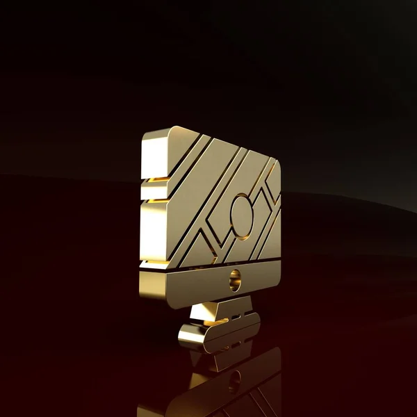 Gold Computer monitor a skládaná mapa s ikonou značky lokality izolovanou na hnědém pozadí. Minimalismus. 3D ilustrace 3D vykreslení — Stock fotografie