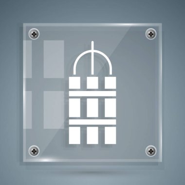 Beyaz Patlayıcı bomba çubuğu ve zamanlayıcı ikonu gri arka planda izole edildi. Saatli bomba - patlama tehlikesi kavramı. Kare cam paneller. Vektör İllüstrasyonu