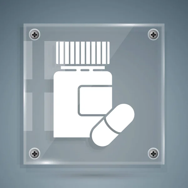 Bílá Medicína láhev a pilulky ikona izolované na šedém pozadí. Značka lahvičky. Návrh lékáren. Čtvercové sklo. Vektorová ilustrace — Stockový vektor