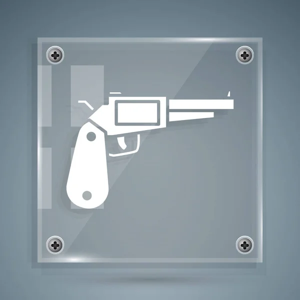 ホワイト・リボルバー銃のアイコンはグレーの背景に孤立している。正方形のガラスパネル。ベクターイラスト — ストックベクタ