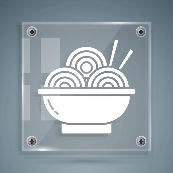 碗中的白色亚洲面和灰色背景下孤立的筷子图标。街上的快餐韩国菜、日本菜、中国菜方块玻璃面板。病媒图解 — 图库矢量图片