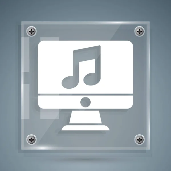 Computador branco com símbolo de nota de música no ícone de tela isolado em fundo cinza. Painéis de vidro quadrados. Ilustração vetorial —  Vetores de Stock