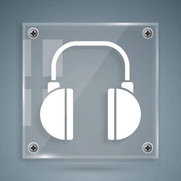 Icono de auriculares blancos aislado sobre fondo gris. Auriculares. Concepto para escuchar música, servicio, comunicación y operador. Paneles cuadrados de vidrio. Ilustración vectorial — Archivo Imágenes Vectoriales