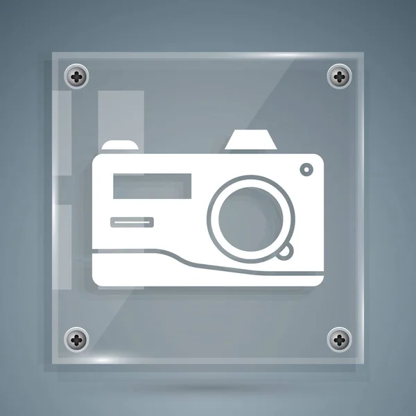Ikona bílé foto kamery izolované na šedém pozadí. Ikona fotoaparátu. Čtvercové sklo. Vektorová ilustrace — Stockový vektor