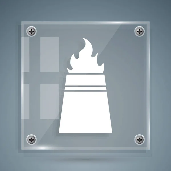 Plataforma de aceite blanco con icono de fuego aislado sobre fondo gris. Accidente de incendio. Torre de gas. Objeto industrial. Paneles cuadrados de vidrio. Ilustración vectorial — Vector de stock