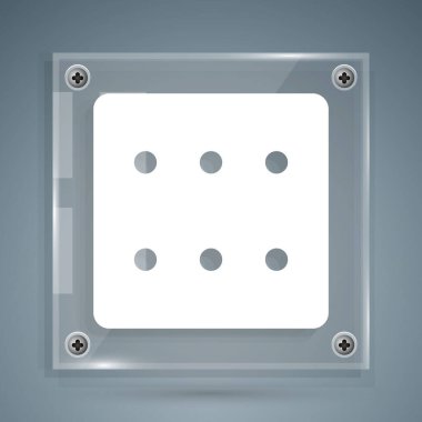 Beyaz Oyun zar simgesi gri arkaplanda izole edildi. Kumarhane kumarı. Kare cam paneller. Vektör İllüstrasyonu