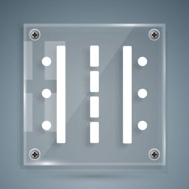 Kalkış için White Airport pisti ve gri arka planda izole edilmiş hava araçları ikonu. Kare cam paneller. Vektör İllüstrasyonu