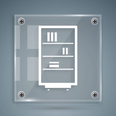 Beyaz Kütüphane kitaplığı simgesi gri arkaplanda izole edildi. Kare cam paneller. Vektör İllüstrasyonu