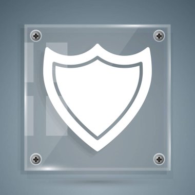 Beyaz Kalkan simgesi gri arkaplanda izole edildi. Gardiyan. Güvenlik, güvenlik, koruma, gizlilik kavramı. Kare cam paneller. Vektör İllüstrasyonu