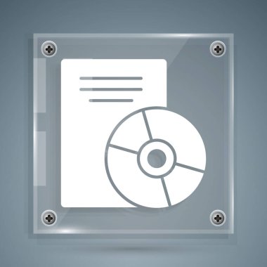 Gri arkaplanda beyaz CD veya DVD disk simgesi izole edildi. Küçük disk işareti. Kare cam paneller. Vektör İllüstrasyonu