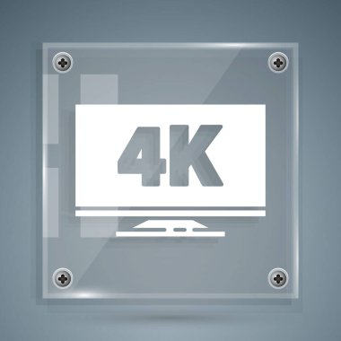 Gri arkaplanda 4k Ultra Hd video teknolojisi ikonu olan beyaz ekran televizyon. Kare cam paneller. Vektör İllüstrasyonu