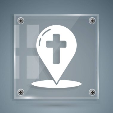 Üzerinde Hıristiyan haçı simgesi olan beyaz harita işaretçisi gri arkaplanda izole edilmiş. Kare cam paneller. Vektör İllüstrasyonu