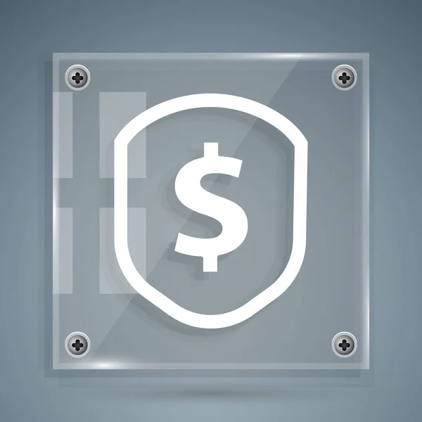 Escudo blanco con icono de símbolo de dólar aislado sobre fondo gris. Protección del escudo de seguridad. Concepto de seguridad monetaria. Paneles cuadrados de vidrio. Ilustración vectorial — Vector de stock