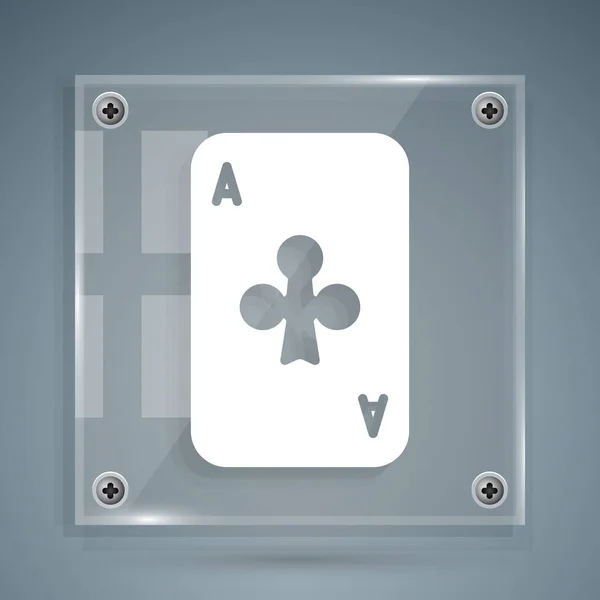 Witte speelkaart met clubs symbool pictogram geïsoleerd op grijze achtergrond. Casino gokken. Vierkante glazen panelen. Vector Illustratie — Stockvector