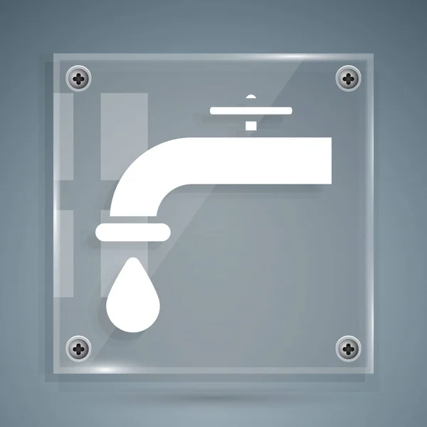 White Water tap with a falling water drop icon isolated on grey background. Square glass panels. Vector Illustration — Stock Vector