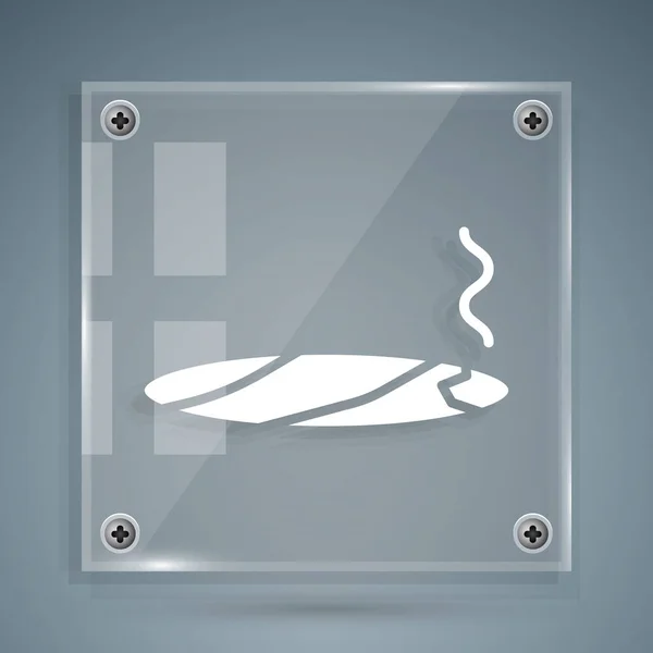 白色雪茄烟图标孤立在灰色背景。方块玻璃面板。病媒图解 — 图库矢量图片