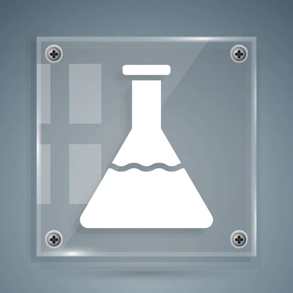Tubo de ensayo blanco y matraz icono de prueba de laboratorio químico aislado sobre fondo gris. Signo de cristalería del laboratorio. Paneles cuadrados de vidrio. Ilustración vectorial — Vector de stock