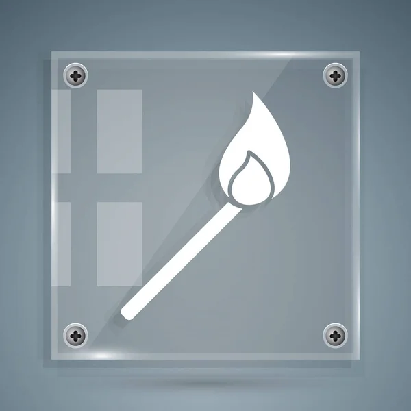 灰色の背景に隔離された火のアイコンとホワイトバーニングマッチ。火と一致する。サインを。正方形のガラスパネル。ベクターイラスト — ストックベクタ