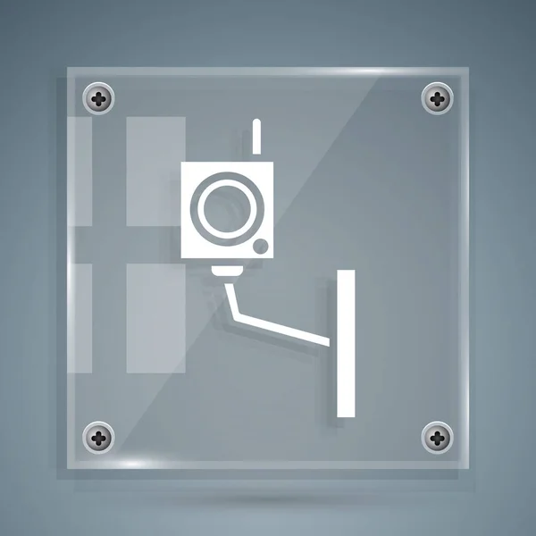 Icono de la cámara White Security aislado sobre fondo gris. Paneles cuadrados de vidrio. Ilustración vectorial — Vector de stock