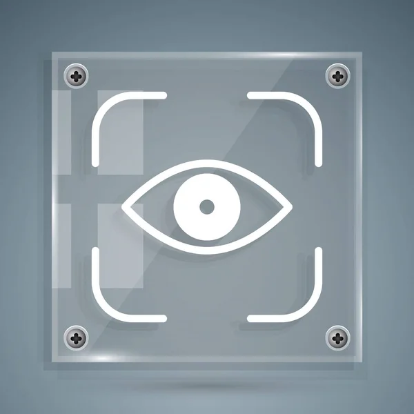 Beyaz Göz tarama simgesi gri arkaplanda izole edildi. Göz taraması yapılıyor. Güvenlik kontrol sembolü. Siber göz işareti. Kare cam paneller. Vektör İllüstrasyonu — Stok Vektör