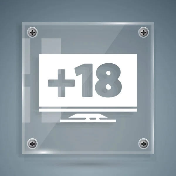 Monitor de ordenador blanco con 18 más icono de contenido aislado sobre fondo gris. Símbolo de restricción. Signo de contenido sexual. Canal adulto. Paneles cuadrados de vidrio. Ilustración vectorial — Vector de stock