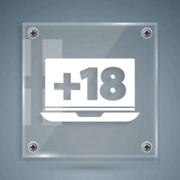 Ordenador portátil blanco con 18 plus icono de contenido aislado sobre fondo gris. Símbolo de restricción. Canal adulto. Paneles cuadrados de vidrio. Ilustración vectorial — Vector de stock