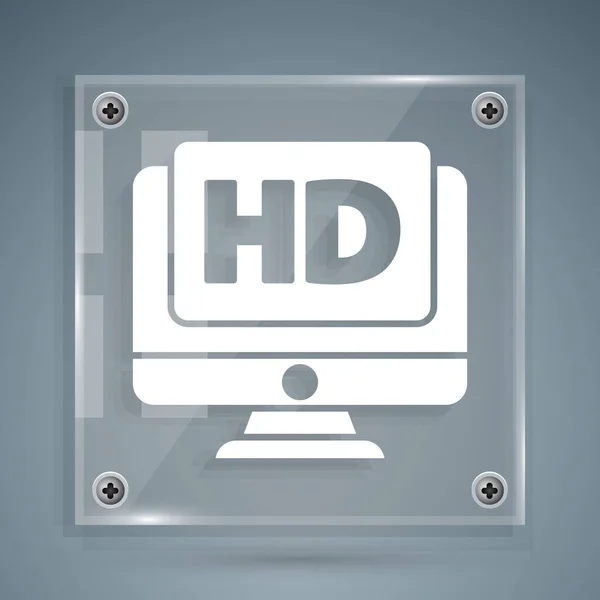Gri arkaplanda Hd video teknolojisi simgesi olan beyaz bilgisayar bilgisayar monitörü görüntüsü. Kare cam paneller. Vektör İllüstrasyonu — Stok Vektör