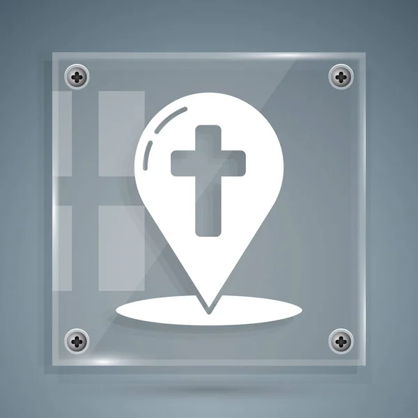 Puntero Mapa Blanco con icono de cruz cristiana aislado sobre fondo gris. Paneles cuadrados de vidrio. Ilustración vectorial — Vector de stock