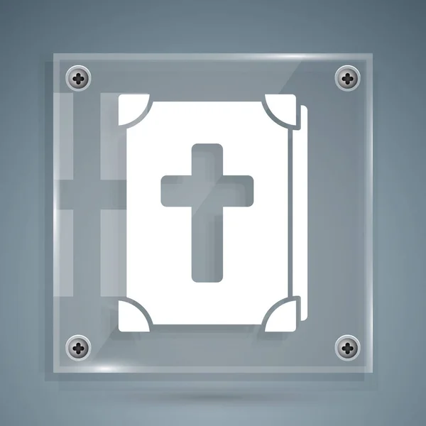 Icono del libro de la Sagrada Biblia blanca aislado sobre fondo gris. Paneles cuadrados de vidrio. Ilustración vectorial — Vector de stock