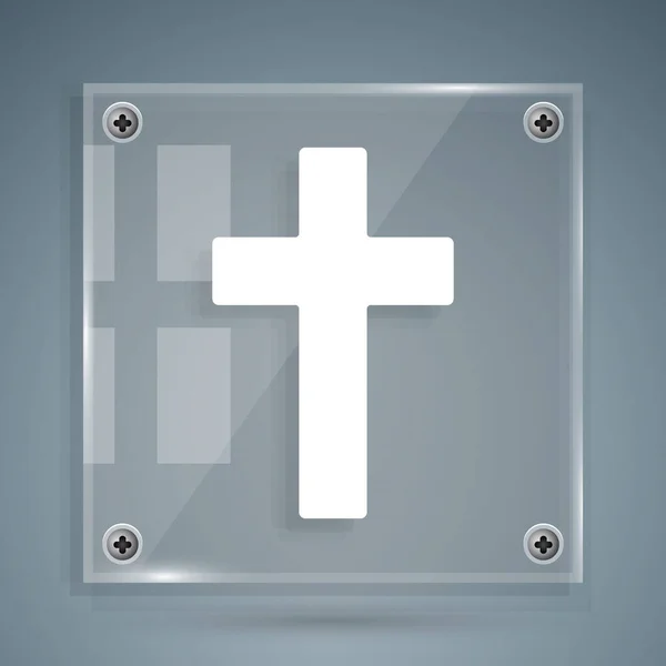 Icono de cruz cristiana blanca aislado sobre fondo gris. Cruz de iglesia. Paneles cuadrados de vidrio. Ilustración vectorial — Vector de stock