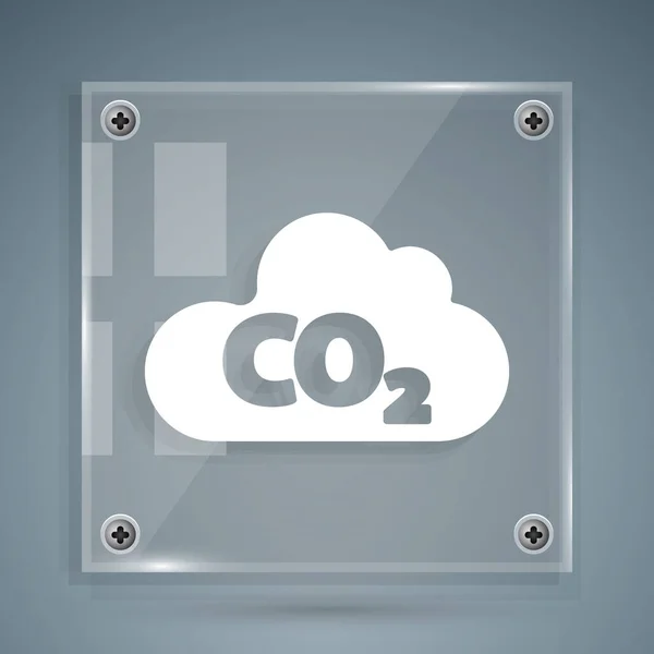 White CO2 emissions in cloud icon isolated on grey background. Carbon dioxide formula, smog pollution concept, environment concept. Square glass panels. Vector Illustration — Stock Vector