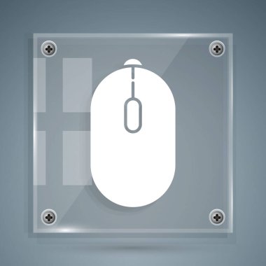 Beyaz Bilgisayar faresi oyun simgesi gri arkaplanda izole edildi. Tekerlek sembollü optik. Kare cam paneller. Vektör İllüstrasyonu