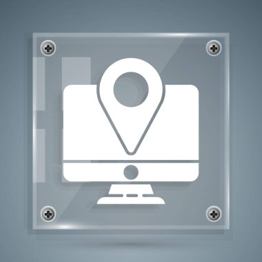 Gri arkaplanda konum belirleyici simgesi olan beyaz bilgisayar monitörü ve katlanmış harita. Kare cam paneller. Vektör İllüstrasyonu