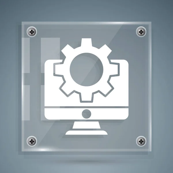 Monitor de computador branco e ícone de engrenagem isolado em fundo cinza. Ajuste, serviço, configuração, manutenção, reparação, fixação. Painéis de vidro quadrados. Ilustração vetorial — Vetor de Stock