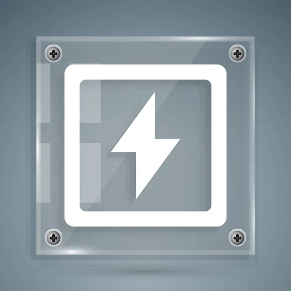 White Lightning bolt icon isolated on grey background. Flash sign. Charge flash icon. Thunder bolt. Lighting strike. Square glass panels. Vector Illustration — Stock Vector