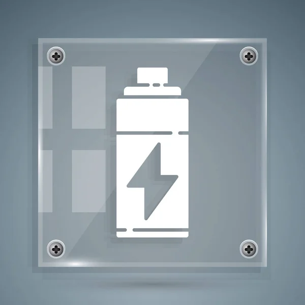 Icono blanco de la batería aislado sobre fondo gris. Rayo símbolo del perno. Paneles cuadrados de vidrio. Ilustración vectorial — Archivo Imágenes Vectoriales