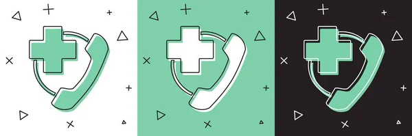 Establecer llamada telefónica de emergencia al icono del hospital aislado en blanco y verde, fondo negro. Ilustración vectorial — Archivo Imágenes Vectoriales