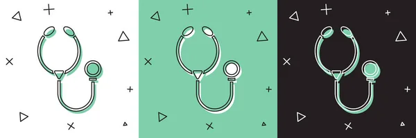 Set Stethoscope icône de l'instrument médical isolé sur fond blanc et vert, noir. Illustration vectorielle — Image vectorielle