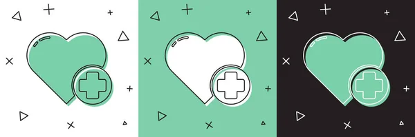 Set Heart with a cross icon isolated on white and green, black background. First aid. Healthcare, medical and pharmacy sign. Vector Illustration — Stock Vector