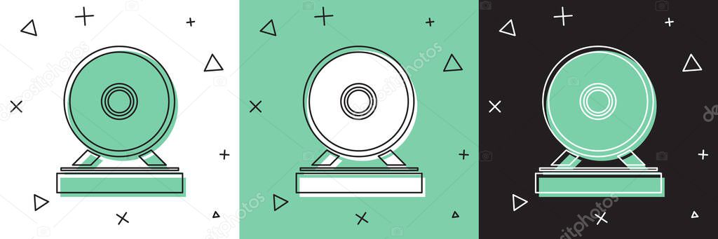 Set Gong musical percussion instrument circular metal disc icon isolated on white and green, black background. Vector Illustration vector