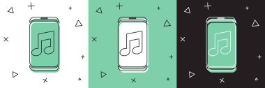 Müzik çalar simgesini beyaz ve yeşil, siyah arkaplanda izole et. Taşınabilir müzik cihazı. Vektör İllüstrasyonu