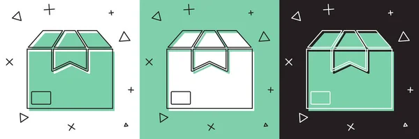 Zestaw kartonowych ikon kartonowych izolowanych na białym i zielonym, czarnym tle. Pudełko, paczka, znak paczki. Dostawa i pakowanie. Ilustracja wektora — Wektor stockowy