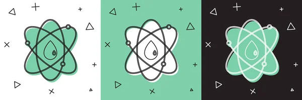 白と緑、黒の背景にアトムアイコンを分離設定します。科学、教育、核物理学、科学研究の象徴。ベクターイラスト — ストックベクタ