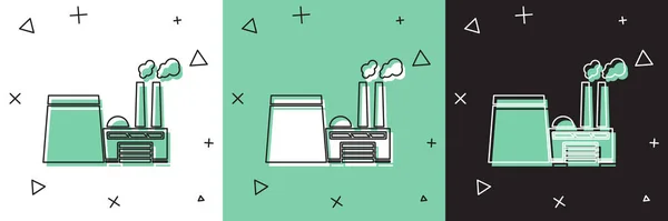 Ensemble Icône de bâtiment d'usine industrielle de pétrole et de gaz isolé sur fond blanc et vert, noir. Illustration vectorielle — Image vectorielle