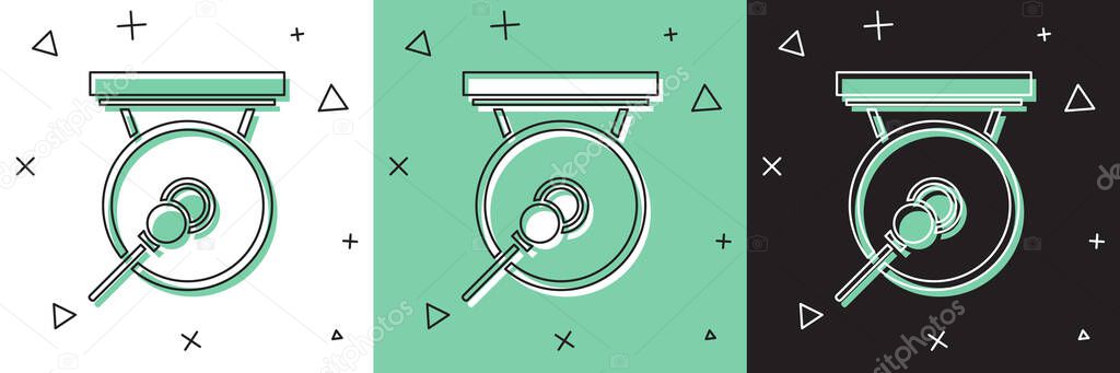 Set Gong musical percussion instrument circular metal disc and hammer icon isolated on white and green, black background. Vector Illustration vector
