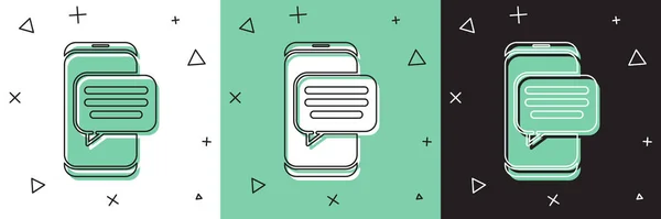 Ange nya chattmeddelanden anmälan på telefonen ikon isolerad på vit och grön, svart bakgrund. Smartphone chatta sms tal bubblor. Vektor Illustration — Stock vektor