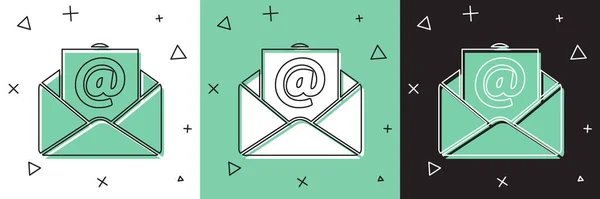 Zestaw Poczta i e-mail ikona izolowana na białym i zielonym, czarnym tle. E-mail z symbolem koperty. Znak wiadomości e-mail. Ilustracja wektora — Wektor stockowy