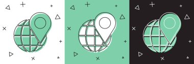 Beyaz ve yeşil, siyah arkaplanda izole edilmiş dünya simgesinin konumunu ayarlayın. Dünya ya da Dünya işareti. Vektör İllüstrasyonu