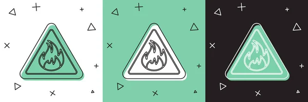 Establecer llama de fuego en el icono del triángulo aislado sobre fondo blanco y verde, negro. Signo de advertencia de producto inflamable. Ilustración vectorial — Archivo Imágenes Vectoriales